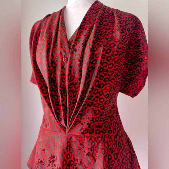 Vintage ‘90s Nicola Red & Black Leopard Print Peplum Waist Short Sleeve Blouse - Picture 4 of 8